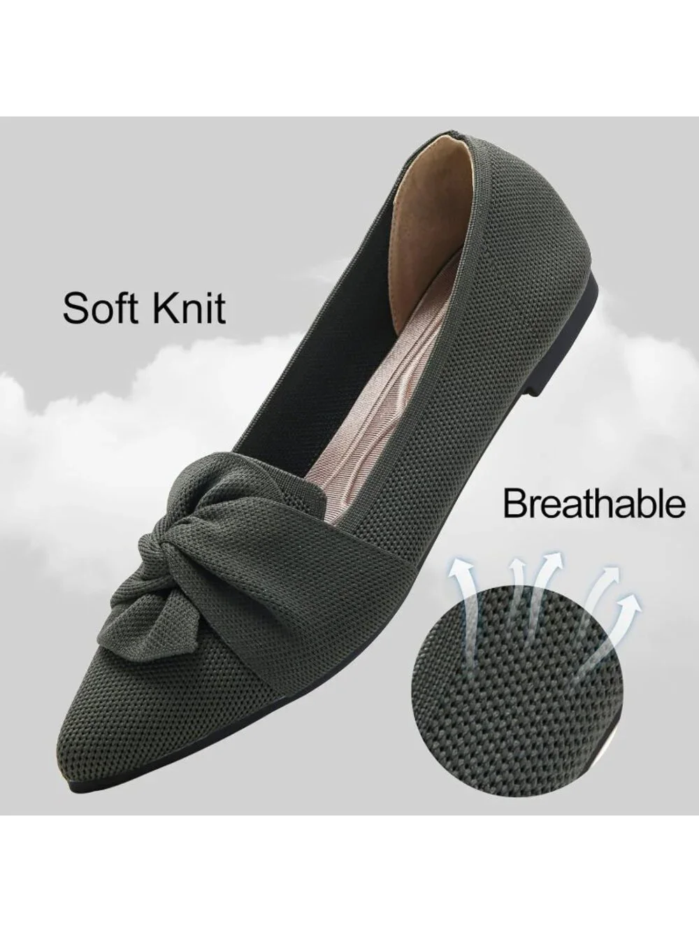 Women's Green Pointed Toe Ballet Flats with Bow Comfortable Knit Dressy Shoes